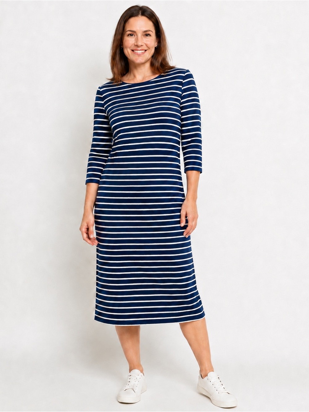 Sweet Salt Cotton Midi Dress Womens M Navy White Stripe Modest Teacher Coastal